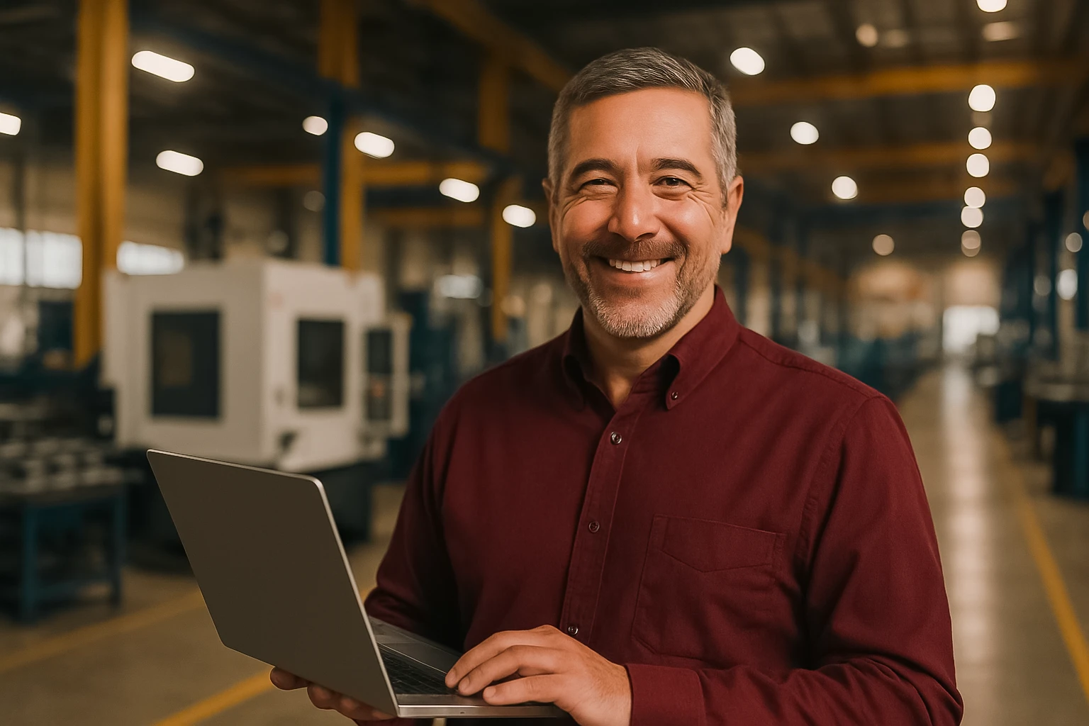 CMMC Compliance Manufacturing CEO holding laptop.