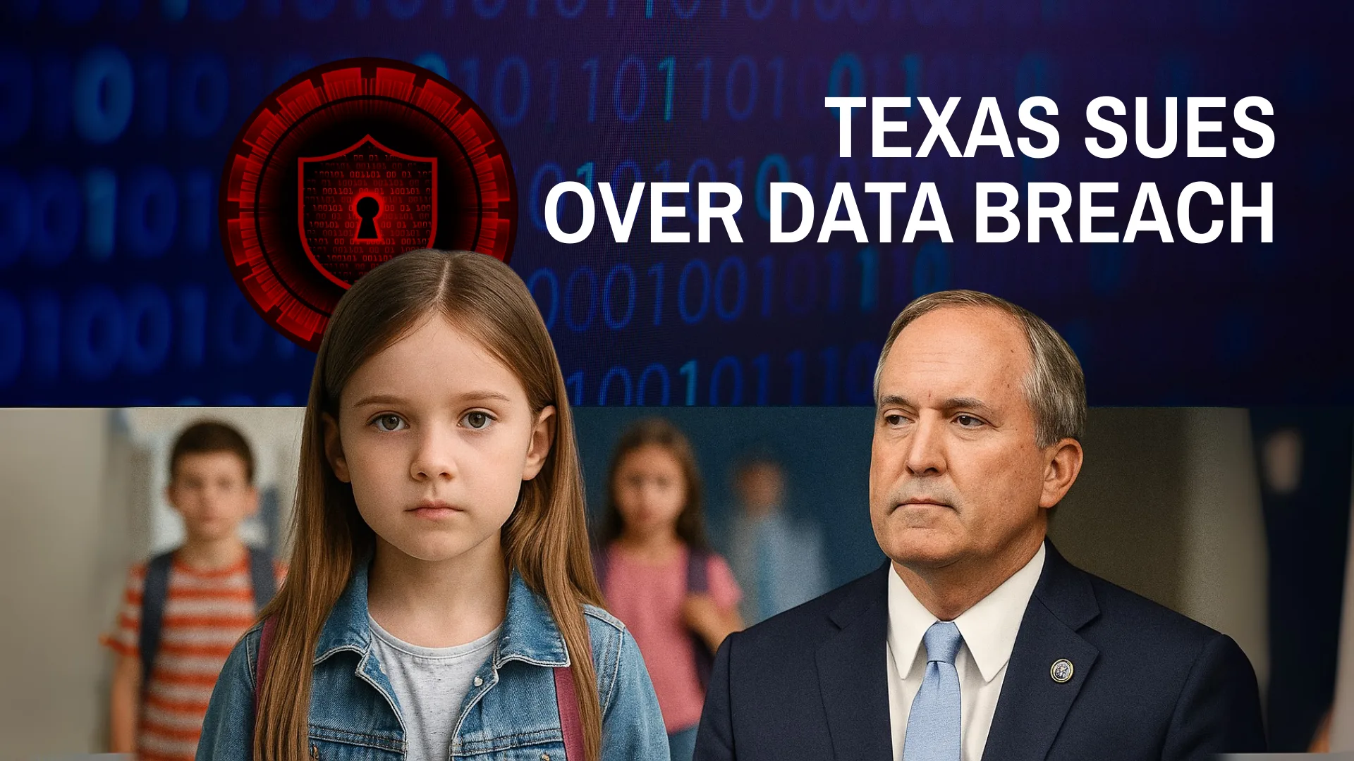 Texas Attorney General Ken Paxton and student imagery linked to PowerSchool data breach lawsuit.