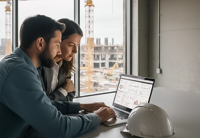 Construction executives working on commercial project from laptop.
