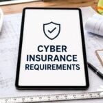 Cyber Insurance Requirements for Construction Companies Desk of construction worker with tablet showing cyber insurance requirements