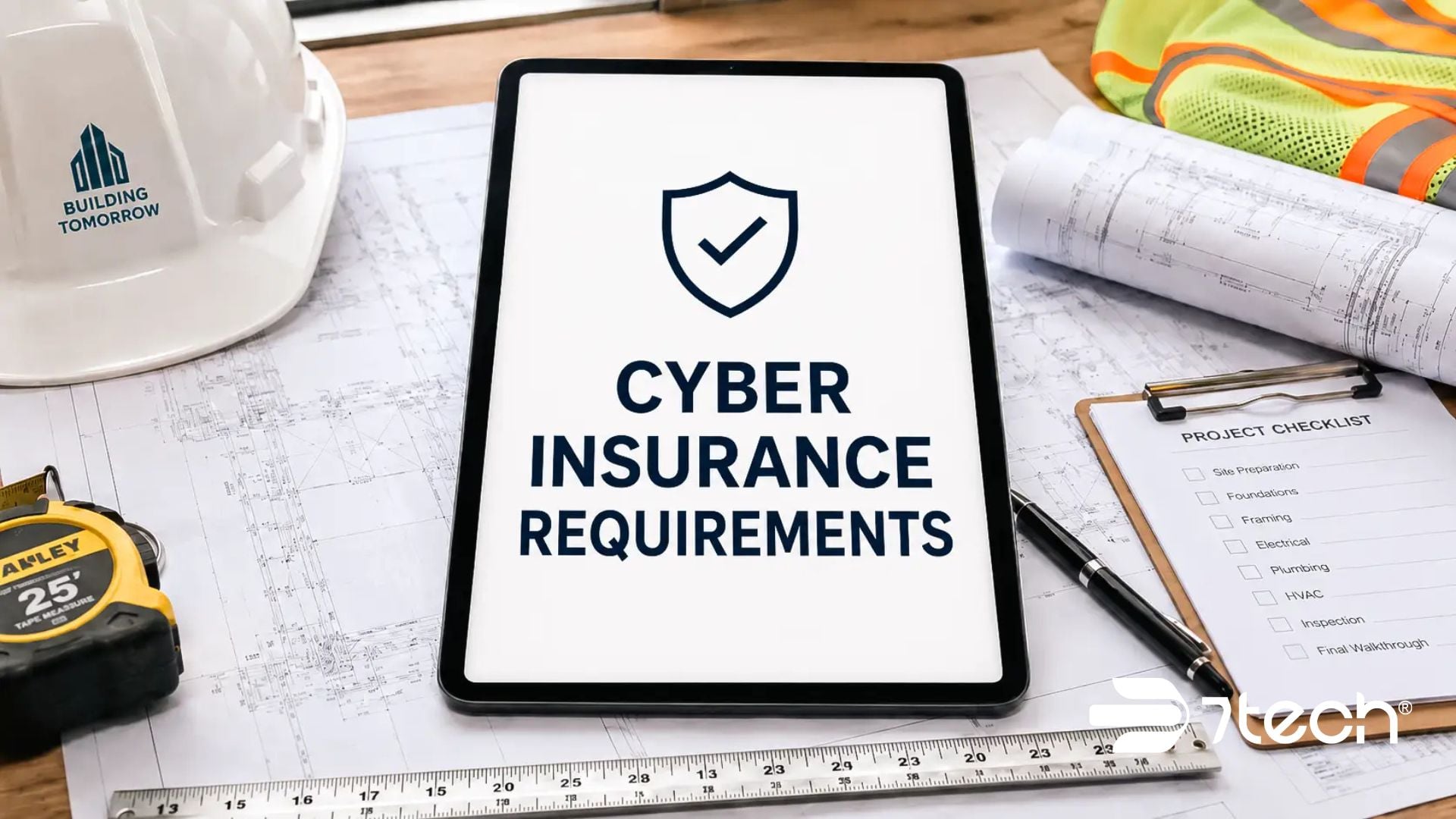 Desk of construction worker with tablet showing cyber insurance requirements