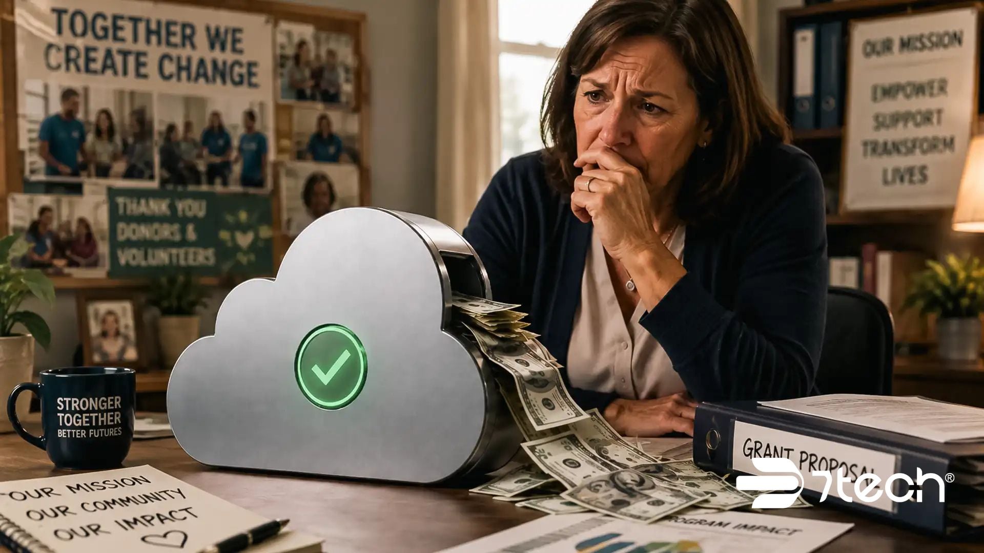 Backup assumptions nonprofits make shown with money spilling from cloud.