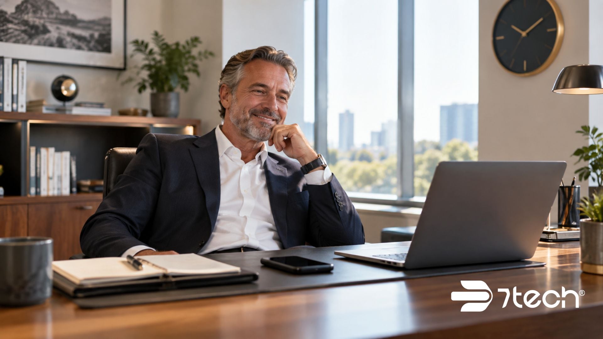 executive at desk happy that overlooked technology habits for business are gone