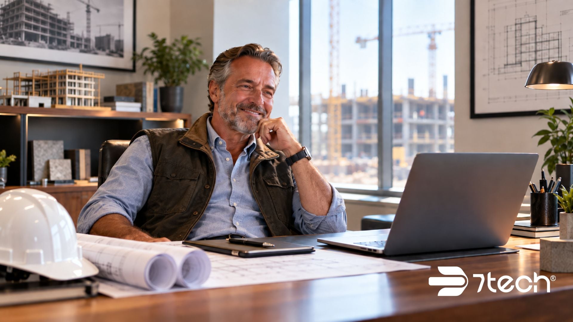 executive at desk happy that overlooked technology habits for construction companies are gone