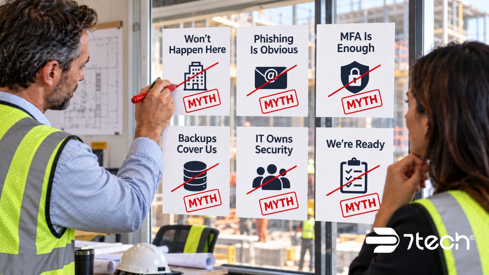 Construction cybersecurity myths reviewed in an office.