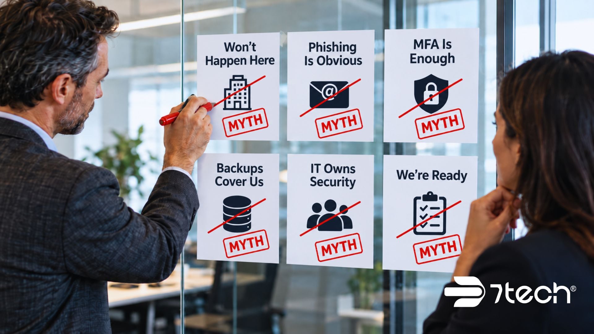 Cybersecurity myths reviewed in an office.