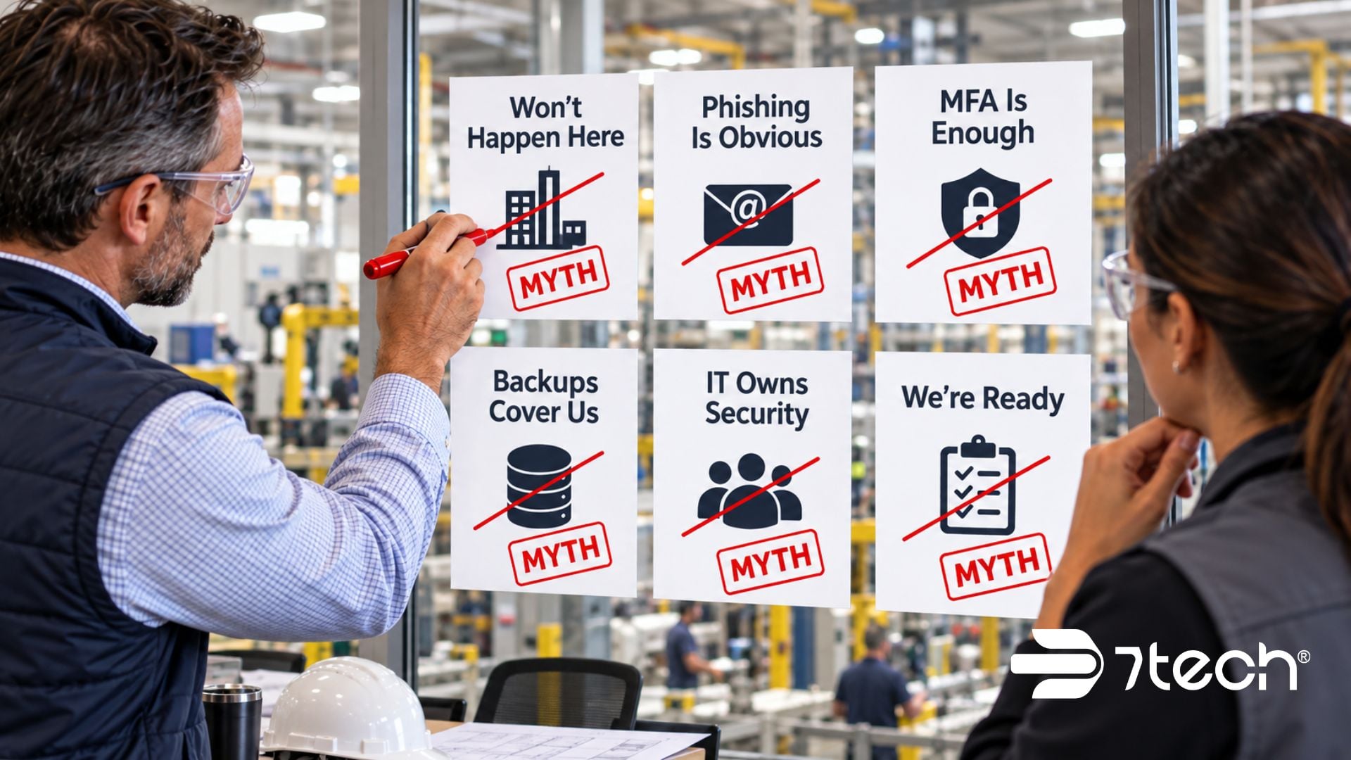 Manufacturing cybersecurity myths reviewed in an office.