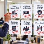 6 Nonprofit Cybersecurity Myths That Put Your Organization at Risk Nonprofit cybersecurity myths reviewed in an office.