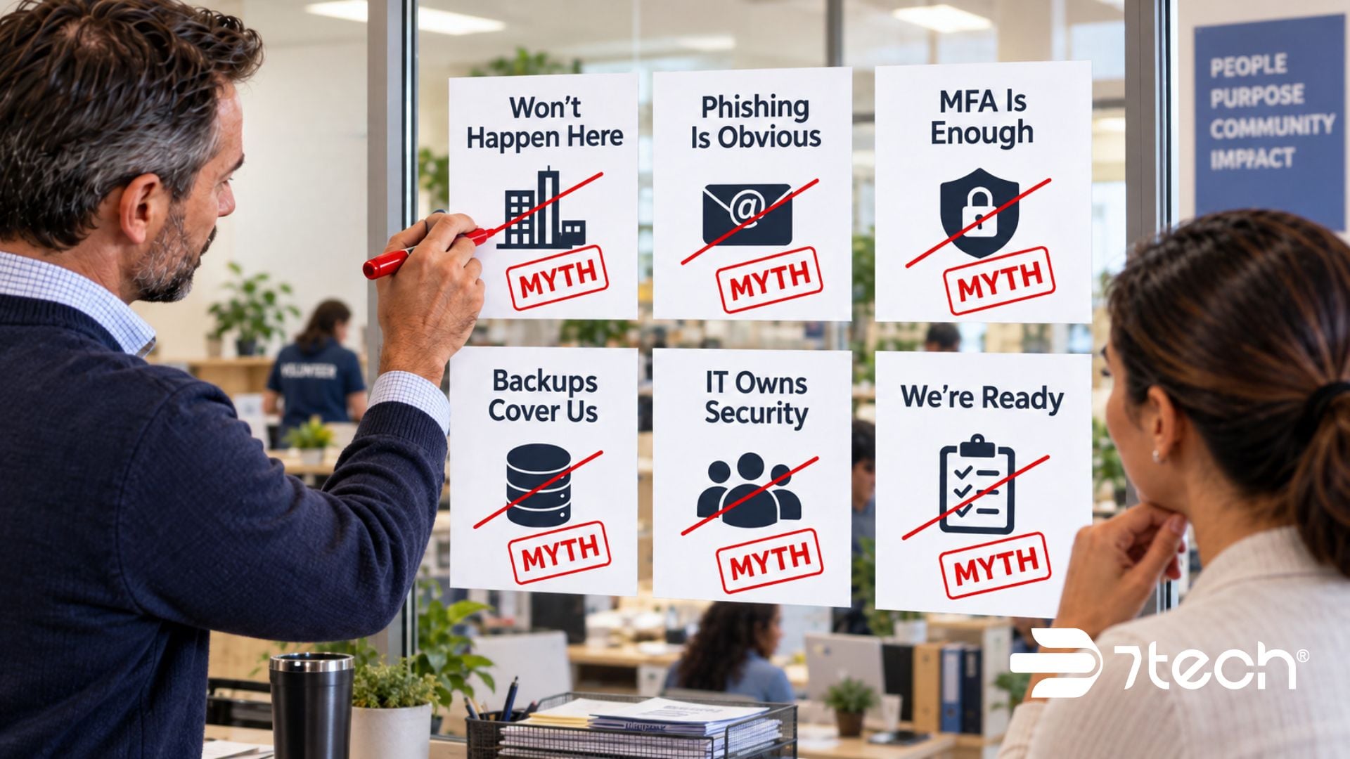 Nonprofit cybersecurity myths reviewed in an office.