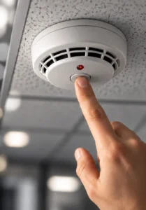 hand pressing ceiling smoke detector test button.