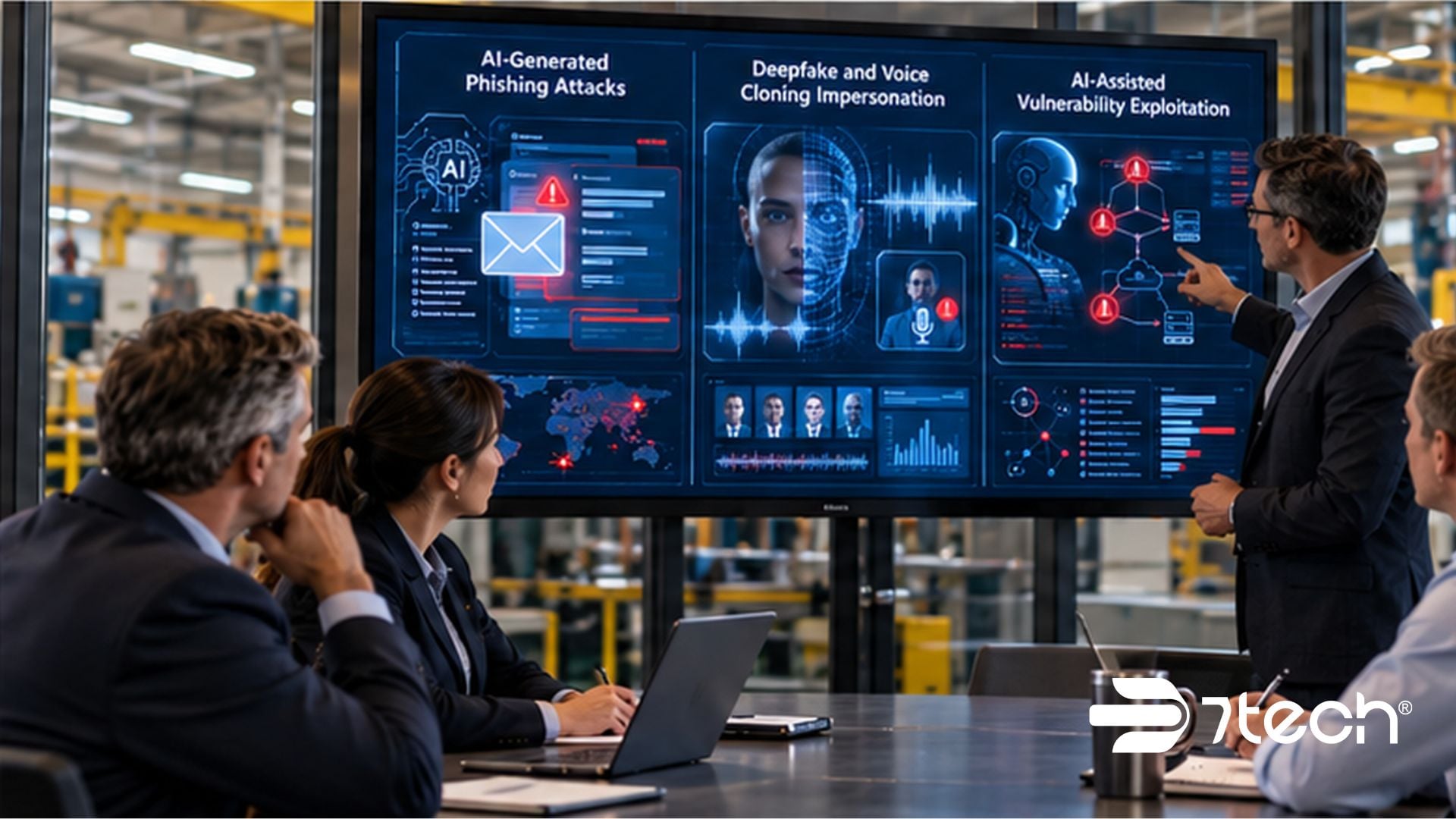Manufacturing leaders reviewing AI threats