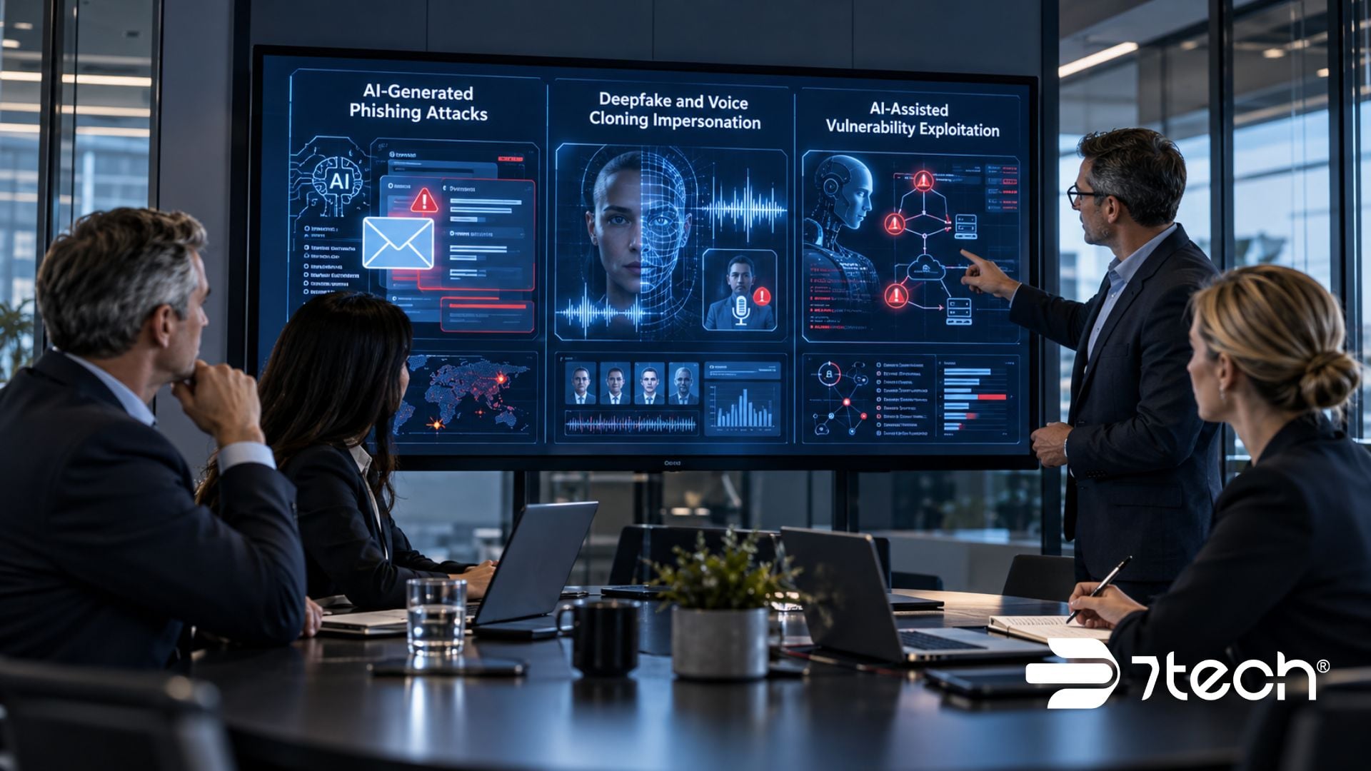 Executives reviewing AI cybersecurity threats