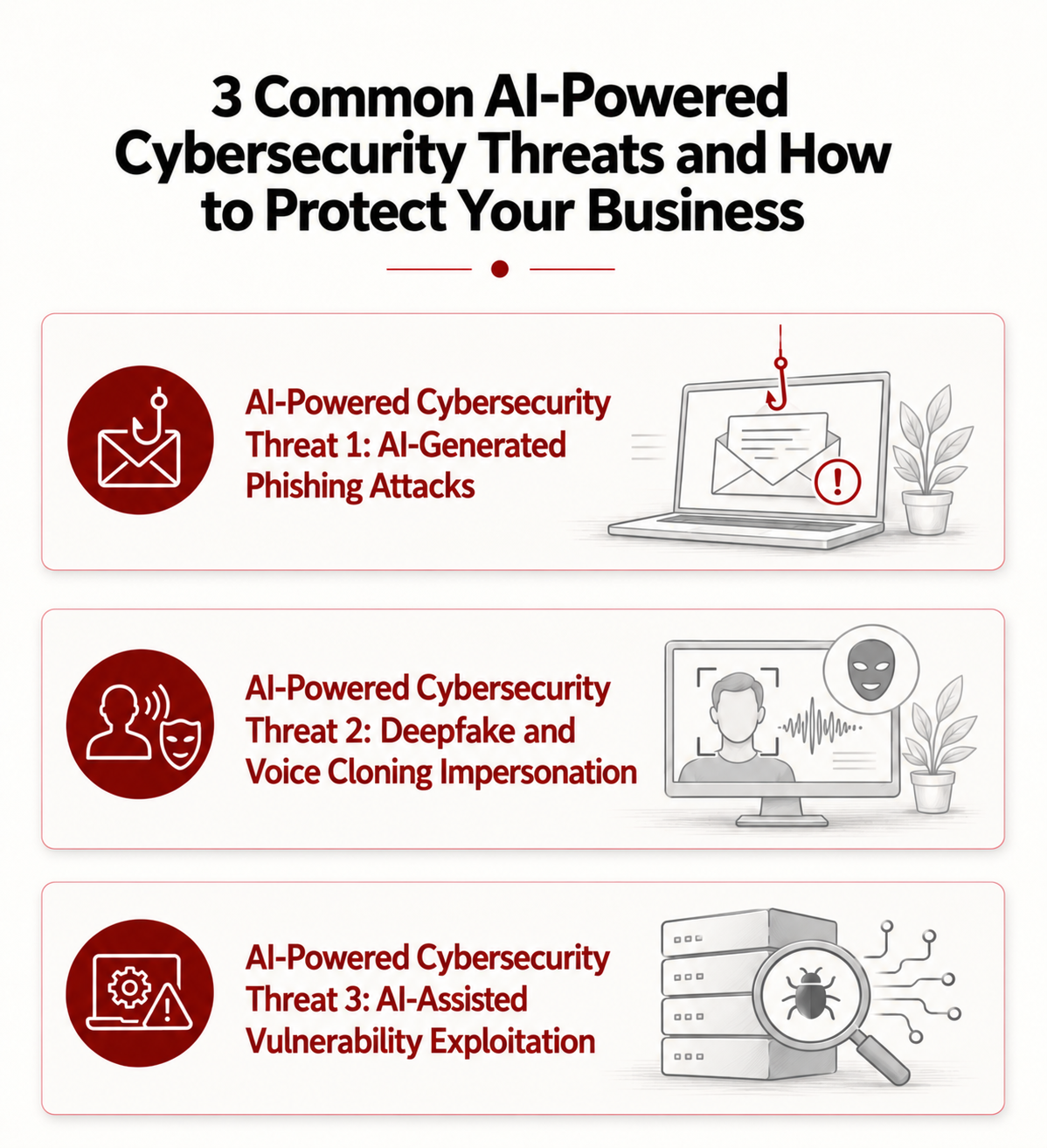 Three common AI-powered cybersecurity threats, including phishing, deepfake impersonation, and vulnerability exploitation.