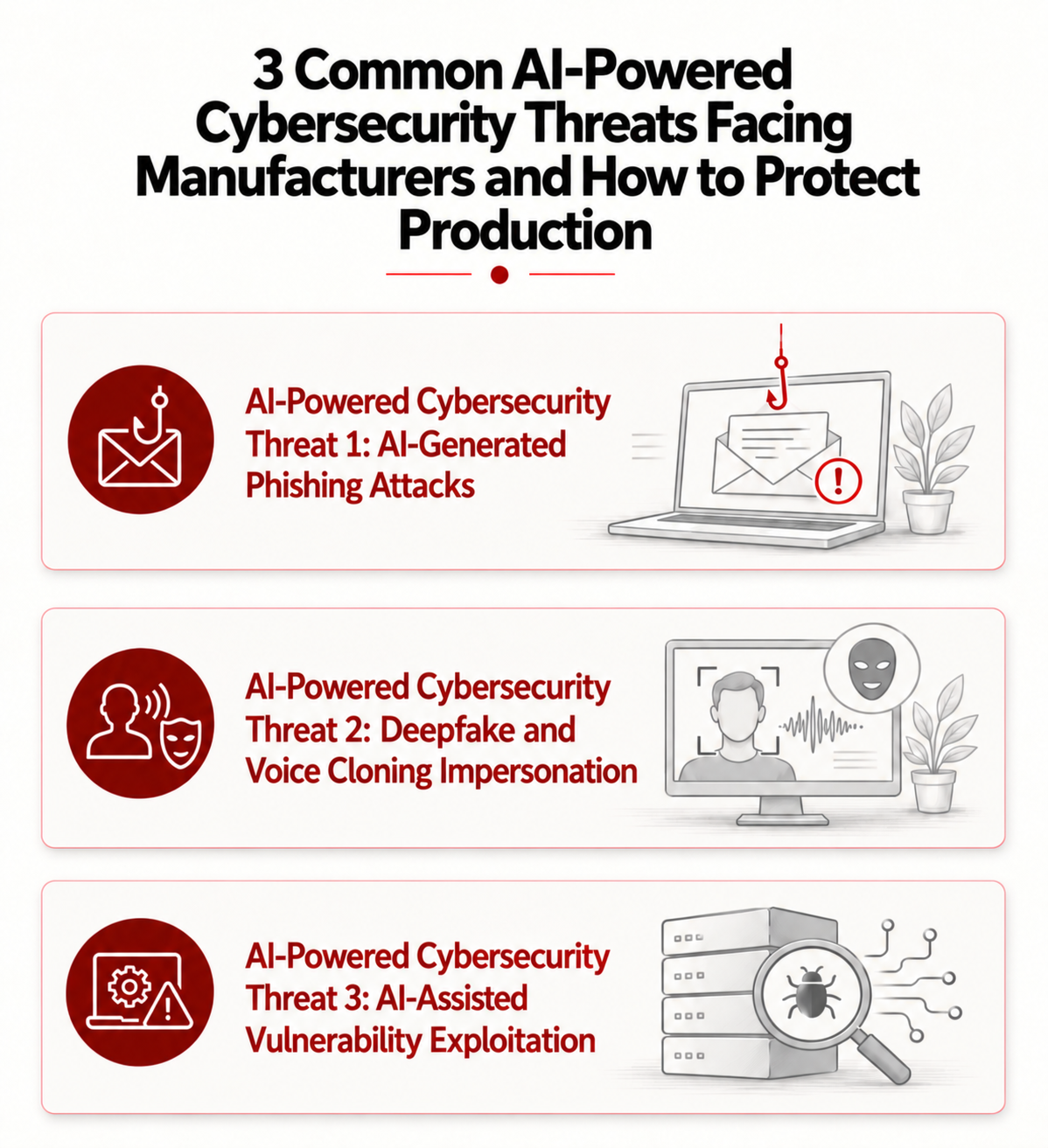 Three AI-powered cybersecurity threats facing manufacturers and production operations.